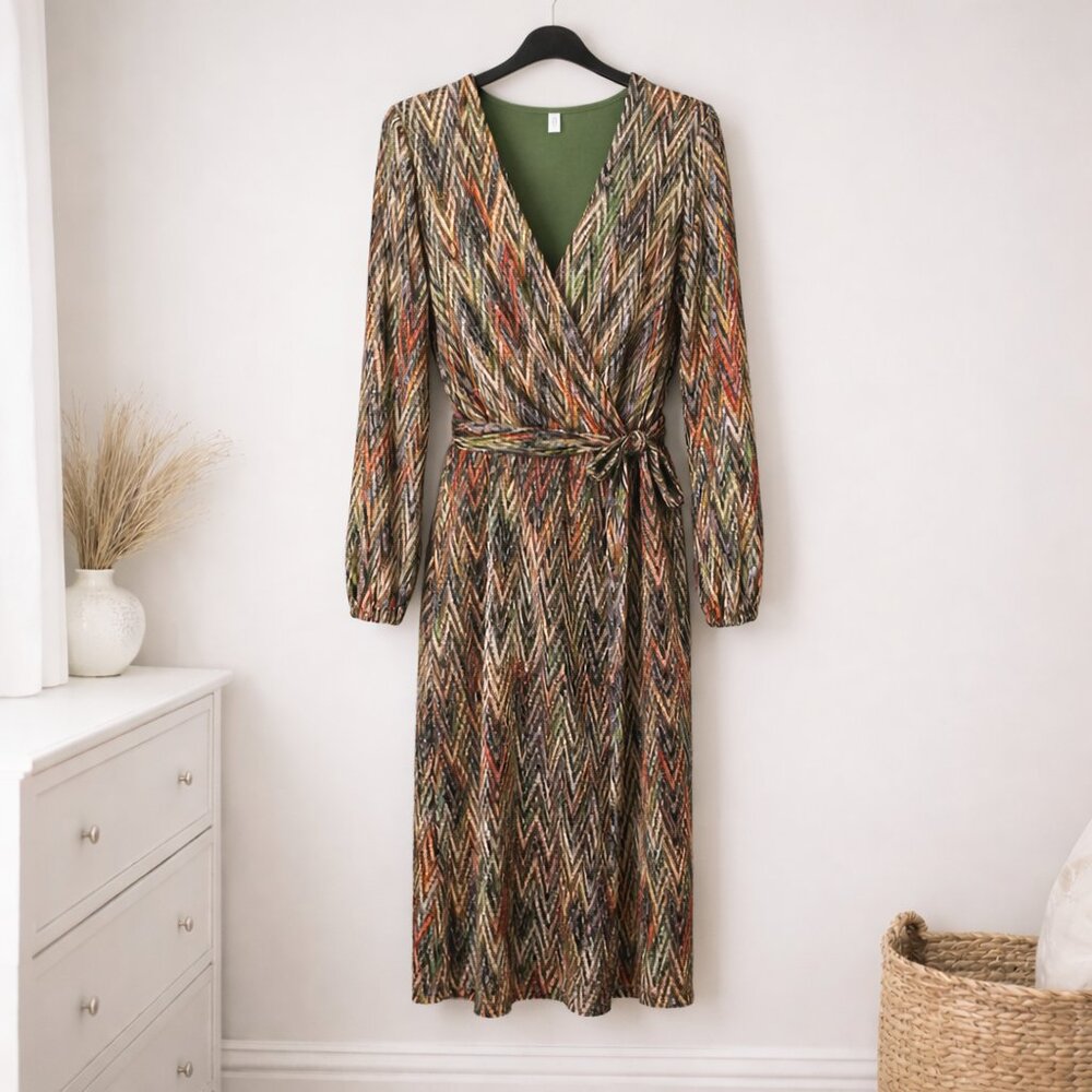 Emma & Michele Geometric Print Faux Wrap Dress Long Sleeve Size Small